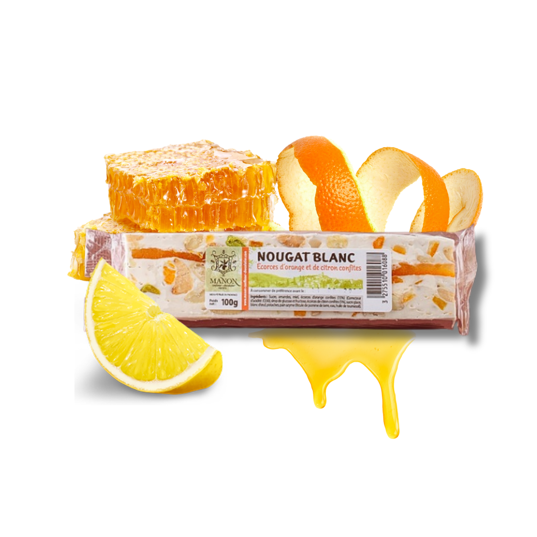 Barre NOUGAT BLANC ORANGE & CITRON CONFITS - 100g