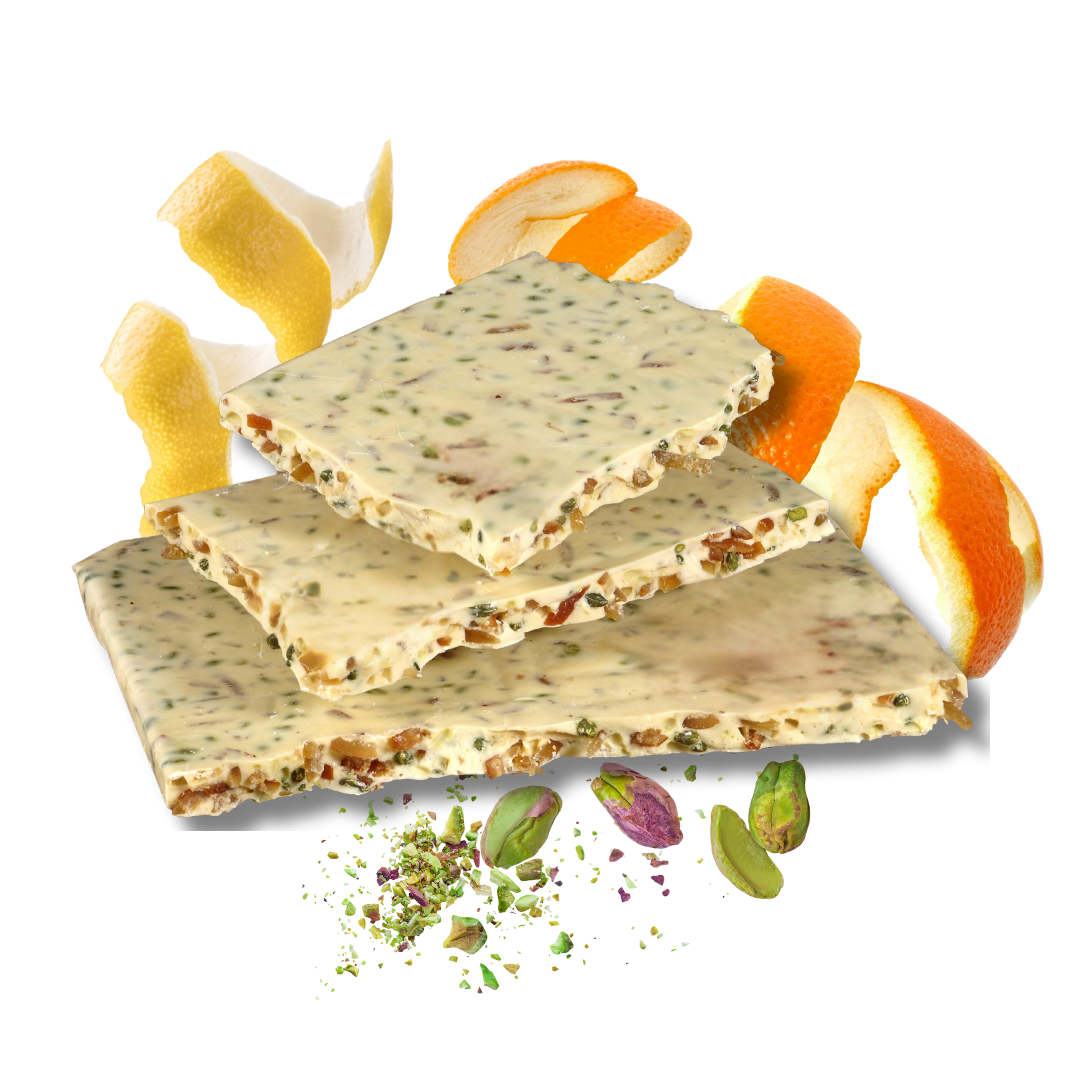 LA GRANDE TABLETTE DE CHOCOLAT BLANC ÉCORCES CONFITES ORANGE CITRON & PISTACHES 1/2 kg – Image 2