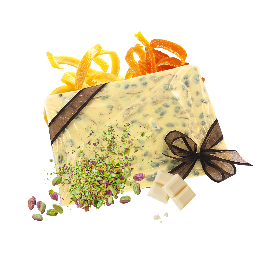 LA GRANDE TABLETTE DE CHOCOLAT BLANC ÉCORCES CONFITES ORANGE CITRON & PISTACHES 1/2 kg